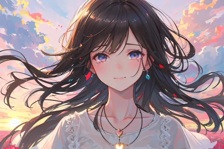 (best quality,highres,ultra-detailed,realistic:1.37),(bright lighting,soft light),(vivid colors),(oil painting),a girl with tears streaming down her face,a girl standing in a field of flowers,a sunset in the background,a handwritten letter in her hand,a ne...