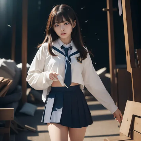 sailor suit、embarrassing、one beautiful woman、detailed face、fine hands、thin legs、(debris flies, highest quality:1.2), 8K, official art, chest、cute、I can see your pants、pull the skirt、 planet, trending on cgstation, 太陽系外planet, official art, mar planet, Saki...