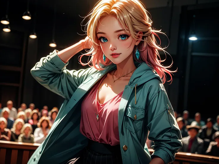 Fayobore style, masterpiece, best quality, 1 girl, 21 years old, Smile, pink lips, aqua eyes, blonde hair gradient pink tail, Medium chest, Keep your mouth shut, crystal earrings, jewelry, looking at the audience, mini skirt, shirt, Blue super short coat, ...