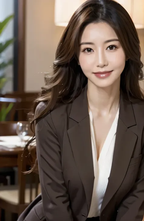 1 adult female, long hair, curly hair, black hair color, smooth skin, brown eyes, To smile, vegetation, hour々, Business woman style clothing, light brown blazer, realist, With fine dining restaurant background, 8k super realist, super detalhado e realist、J...