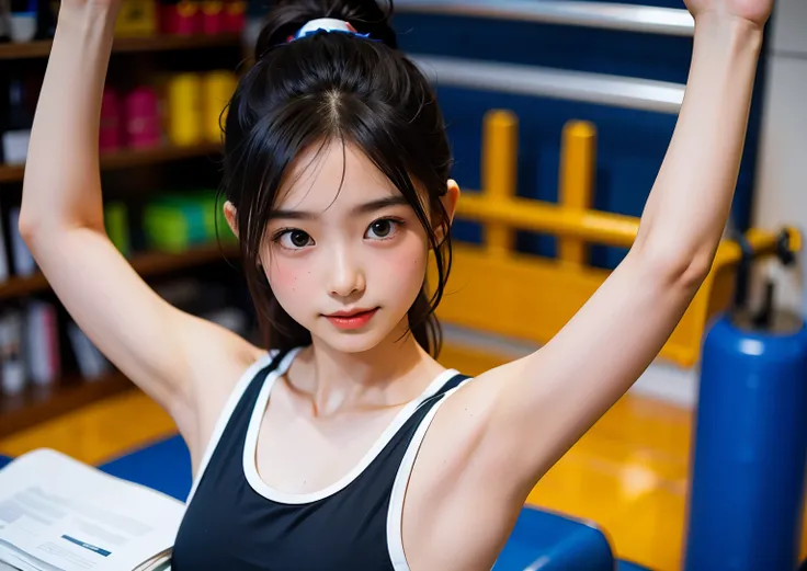 a girl，In the gym，Wearing sportswear that&#39;s full of energy，Every movement shows her beautiful curves。