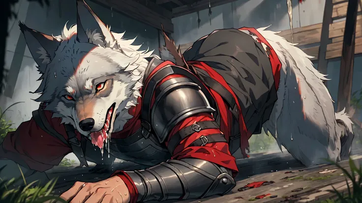 nsfw, ((((High resolution, best quality, masterpiece, high detailed)))), ((Hungry Wolf, anthro, muscular wolf, furry)), red eyes, 3x3 eyes, grey skin, muscular male,
black underwear, (Broken Armor), ((torn clothes)), battle armor,
((wet)), (((Sweaty))), oi...