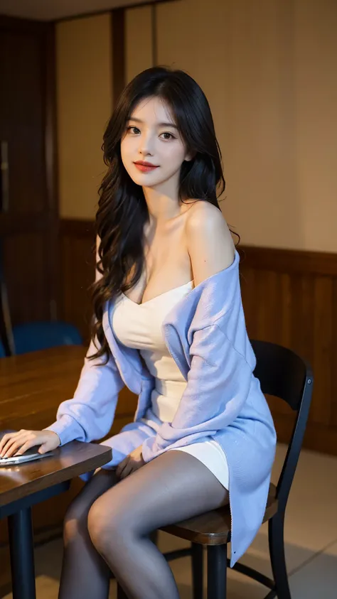 A perfect young female white-collar worker，Chinese big breasts，High picture quality，Works of masters，Black hair，Long hair shawl，Long hair flowing over the shoulders，Beach wave hairstyle，cropped shoulders，clavicle，exquisite face，Hydrated red lips，（（Wear col...