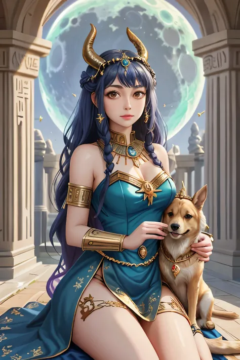 a woman with horns and a dress holding two dogs, airmax12, egyptian art by Andrée Ruellan, trending on cgsociety, fantasy art, jen bartel, goddess art, cosmic goddess, ancient goddess, celestial goddess, hecate goddess, moon goddess, art contest winner on ...