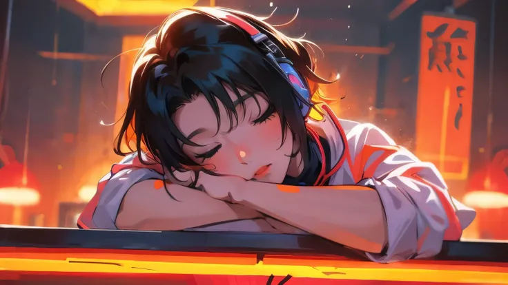 Neon orange illustration video with a Lofi Art anime. A man sleeps face down on a table with headphones on.