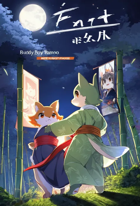 cover_page, highres, top quality, best quality, absurdres, movie posters, perfect anatomy(furry, kemono, anthro, 1boy, 1girl, buddy)bamboo forest, dark night with beautiful full moon, backlighting, battle(Japan kimono)dynamic pose,