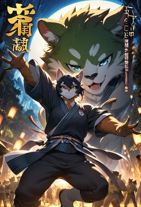 cover_page, highres, top quality, best quality, absurdres, movie posters, perfect anatomy(furry, kemono, anthro, 1boy, 1girl, buddy)bamboo forest, dark night with beautiful full moon, backlighting, battle(Japan kimono)dynamic pose,