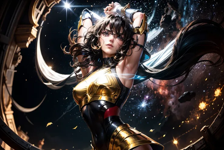 Beautiful female saint, Alluring figure,Under bright movie lights, Highly detailed depiction of Saint Seiya in his iconic golden armor. The armor sparkles，Detailed and ultra-realistic, Emphasize each piece and complexity. Saint Seiya characters stand tall,...