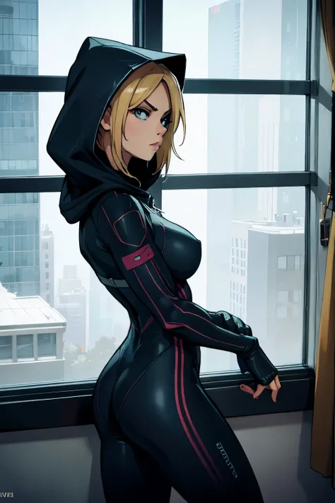 blonde girl with a hood, ninja, sexy tight suit, lost look, loneliness, window, looking at the window, comic style