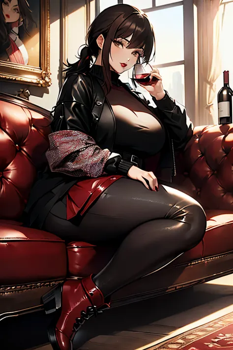 (masterpiece) Woman ((black hair tied into a high ponytail, plus size model, extended brown eyes, detailed eyes, red lips)) wears ((black and red leather top, black leggings and pleated skirt, ankle boots high tops with heels, holding a book in one hand an...