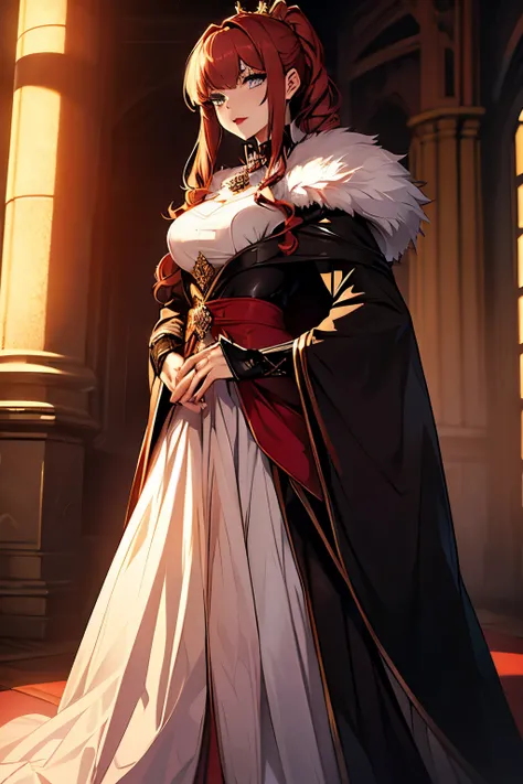 a princess in a ball gown dress red gold and black, shoulders covered, torso covered, that goes from neck to toe, with full skirt, a long fur cape, curly hair in a high ponytail, red lips, blue eyes, detailed eyes and lips