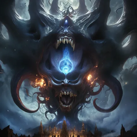 (best quality,4k,8k,highres,masterpiece:1.2),ultra-detailed,(realistic,photorealistic,photo-realistic:1.37),Giant demons with three faces from another dimension summoned from the magic circle, cosmic horror, deformed heads with tentacles and twisted horns,...