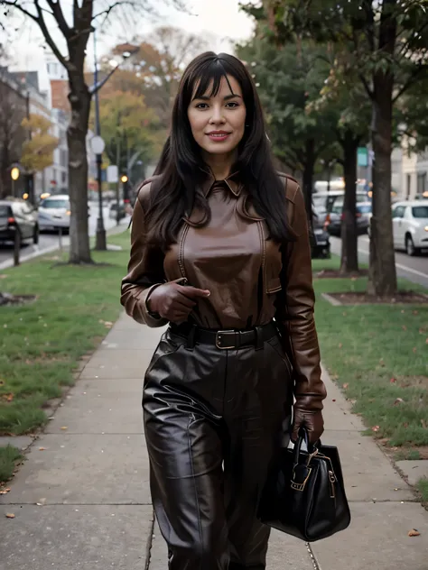 smiling Bettie Page  walking in the park. Close photo. Long black hair. Wearing maxy brown coat, ((brown leather gloves)), trousers and pulover. handbag over her shoulders,Winter. Perfect slim body anatomy. Photorealistic. Realistic colors. Realistic light...