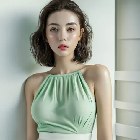 See-through tops、、camisole、(white wall in the background、Part of her clothes is Mint green:1.4)、white wall、Taken in front of the white door、(white wall room with window)、((highest quality、8K、masterpiece:1.3))、ultra high resolution、(photorealistic:1.4)、raw ...