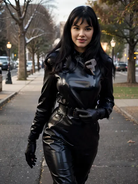 smiling Bettie Page  walking in the park. Close photo. Long black hair. ((Wearing maxy Black coat)) ((Black leather gloves)), trousers and pulover. handbag over her shoulders,Winter. Perfect slim body anatomy. Photorealistic. Realistic colors. Realistic li...