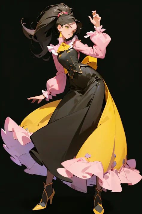 concept art, full body, body centered, beautiful female model in her 40s, hair in an elaborate black hairstyle, expression of wealth, imposing pose, tall stature and skiing, dressed in a green knee-length dress and a pink blouse ruffles, wearing a high hee...