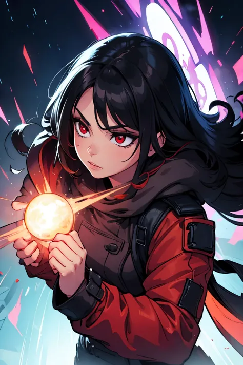 girl in a black trench coat, with bright red energy runes glowing on her skin and clothes, black hair, red eyes, red sword
