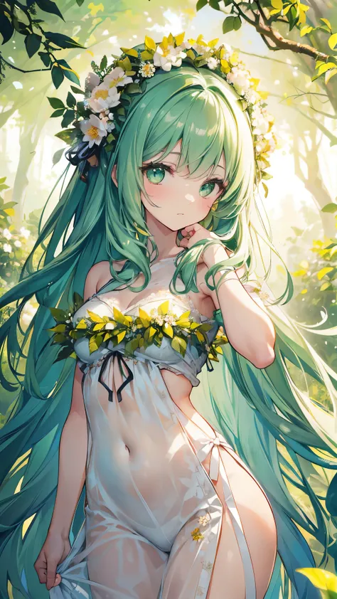 8k, best quality, (lifelike:1.4), original photo, 1 girl, Nymph hair, floral wreath, draped in flowing vines and petals, posture: dancing among sunlit glades, verdant green eyes sparkling with natural beauty