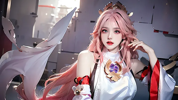 photorealistic, high resolution, 1 girl, white hair, hips up, yae miko, detached sleeves, bare shoulders, pink hair, long hair, best quality, (hair ornament:1.35), jewelry, purple eyes, earrings, all body shot, all body, sexy