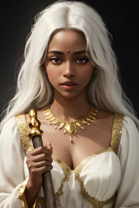 ((best quality)), ((masterpiece)), (detailed), perfect face Perfect face. (dark skin). Snow-white hair. Exudes light. Dark background. Thin silk dress. 28 years old. Divine. High-res. Detailed. Glowing. Ethereal. Elegant. Warm lighting. Silky texture. Mesm...