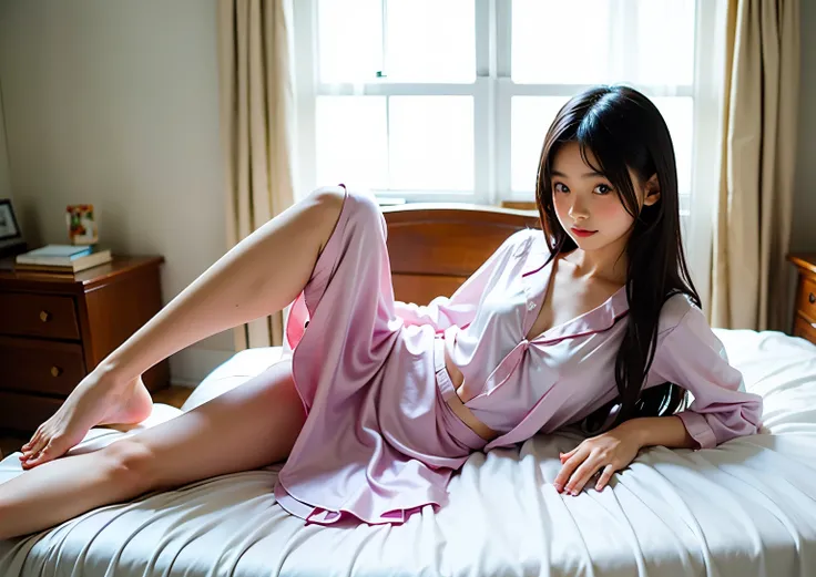 a girl，Wearing a silk suspender pajamas skirt，In a modern and cozy home