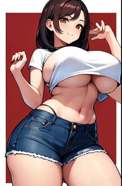 (best quality, masterpiece:1.2), Sketch full view of a hot looking fair skin 29 year old woman standing in front of us. She has brown eyes and short straight black hair. She has big breasts, playful smile. She has a nice curvy physique. She is wearing a cr...