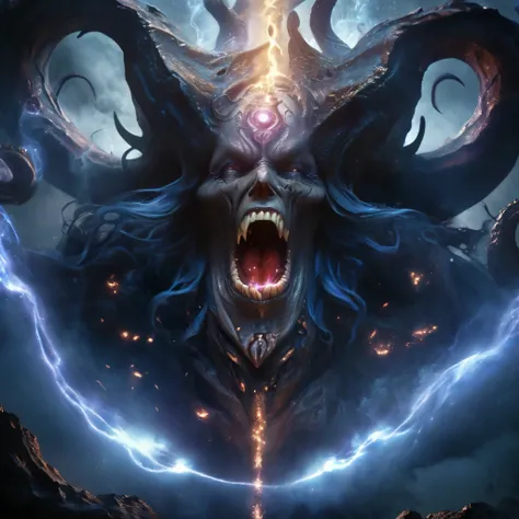 (best quality,4k,8k,highres,masterpiece:1.2),ultra-detailed,(realistic,photorealistic,photo-realistic:1.37),Giant demons with three faces from another dimension summoned from the magic circle, cosmic horror, deformed heads with tentacles and twisted horns,...