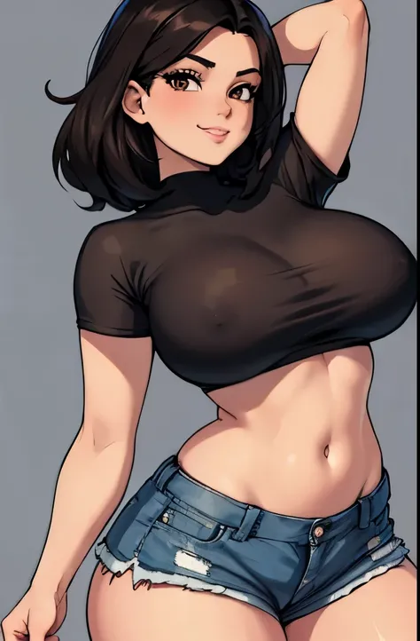 (best quality, masterpiece:1.2), Sketch full view of a hot looking fair skin 29 year old woman standing in front of us. She has brown eyes and short straight black hair. She has big breasts, playful smile. She has a nice curvy physique. She is wearing a cr...