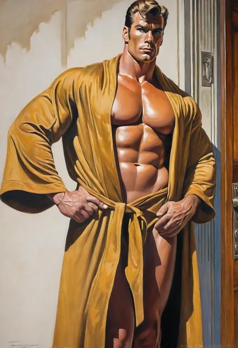 painting of a man in a robe standing in a doorway, clad in robes, in robes, dressed in a robe, strong and imposing, male art, fully clothed. painting of sexy, muscular male, tall and muscular, covered in robes, super buff and cool, shirtless :: high detail...