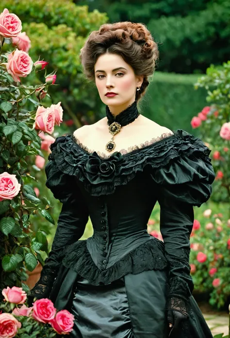 (( woman portrait)), ( victorian fashion style), rose garden, classic, rotten row, english style, nobleman, elegantism,scene of ...