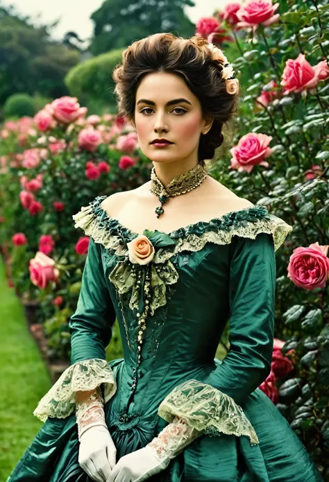 (( woman portrait)), ( victorian fashion style), rose garden, classic, rotten row, english style, nobleman, elegantism,scene of ...