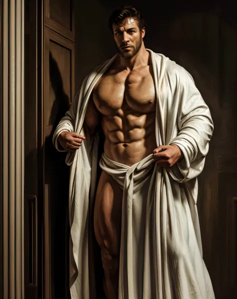 painting of a man in a robe standing in a doorway, clad in robes, in robes, dressed in a robe, strong and imposing, male art, fully clothed. painting of sexy, muscular male, tall and muscular, covered in robes, super buff and cool, shirtless :: high detail...