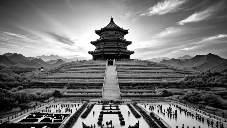 Chinese Heavenly Sacrifice Ceremony，Pray for blessings，people，classical，ink，big sky，Tang Dynasty，Deep Black and White