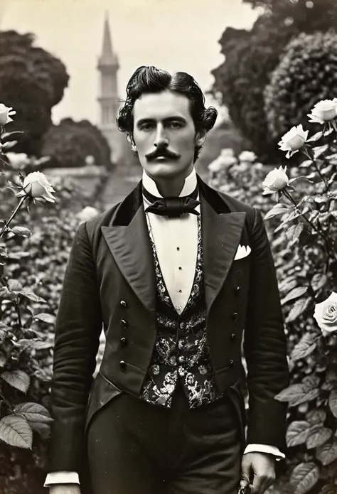 ((man portrait)), ( victorian fashion style), ( crystal palace) (early 19th century era),rose garden, classic, rotten row, engli...