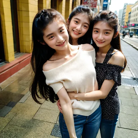 identical twin sisters, Sister hugs her sister from behind、16 years old, bangs, close、off shoulder top