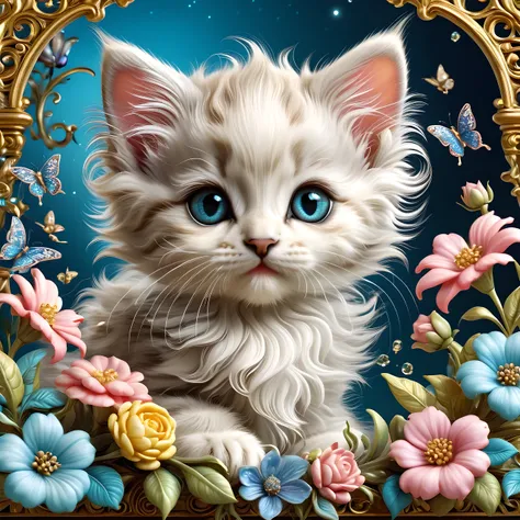 cute kitten with whimsical rococo, intricate details, whimsical, magical, best quality, masterpiece