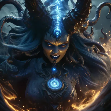(best quality,4k,8k,highres,masterpiece:1.2),ultra-detailed,(realistic,photorealistic,photo-realistic:1.37),Giant demons with three faces from another dimension summoned from the magic circle, cosmic horror, deformed heads with tentacles and twisted horns,...