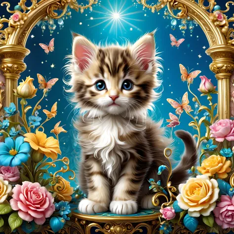 cute kitten with whimsical rococo, intricate details, whimsical, magical, best quality, masterpiece