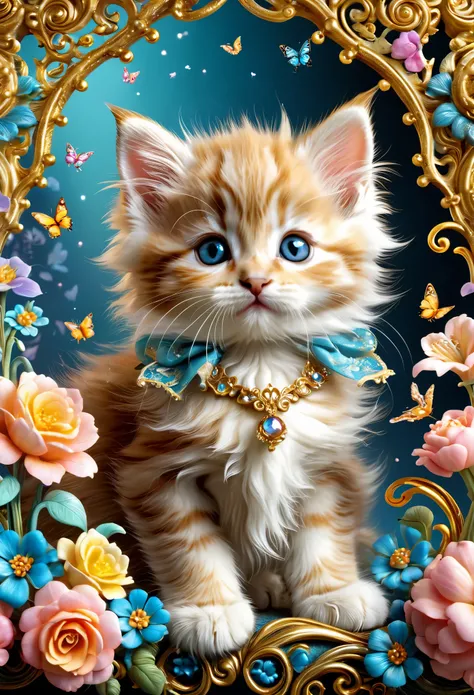 cute kitten with whimsical rococo, intricate details, whimsical, magical, best quality, masterpiece