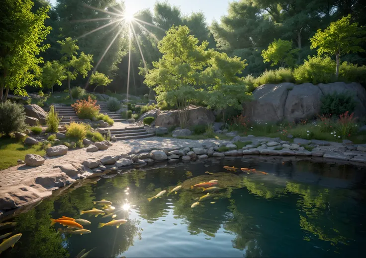 jzcgxl001, perspective view, a landscape design view perspective, stones, garden fish tank, a lot fish koi, (complete landscape ...