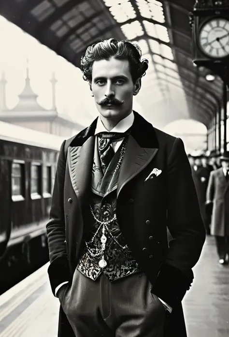 ((man portrait)), ( victorian fashion style), ( crystal palace), ((train station)), british style, nobleman, elegantism,scene of...