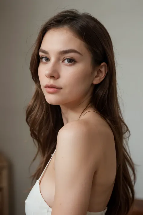 ((best quality)), (Portrait of 25yo woman, model, brown hair, ass, perfect eyebrow, perfect lips, perfect nose, professional color graded, wonderful woman, cute russian woman, sharp focus, long hair, natural skin, fit, sharp features, model, natural skin s...