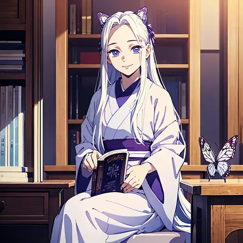 (1 girl), blue eyes, White hair, (long straight hair), beautiful girl, dark purple color kimono, one butterfly hair pin, looking at the book, clear lines, clear colors, face focus, light smile, 17 years old girl, day time