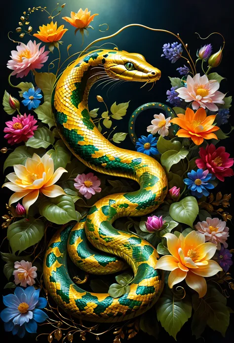 masterpiece, high quality, 8k ultra hd, highly detailed, masterpiece, best quality, (((serpent))), flowers, vines, wide angle, r...