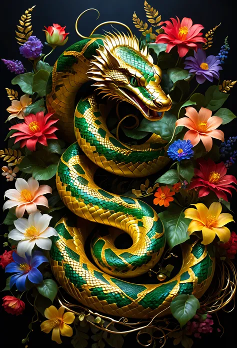 masterpiece, high quality, 8k ultra hd, highly detailed, masterpiece, best quality, (((serpent))), flowers, vines, wide angle, r...