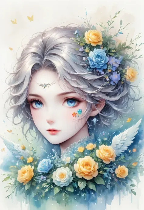 ((White background)), ((clip art )), ((sticker)),  Watercolor beautiful wild rose fantasy art, perfect eyes，Beautiful face and flowers, angel wings, chibi Lovely animation style, bright colors, intricate details, Ultra-detailed, super quality, 32k, Unreal ...