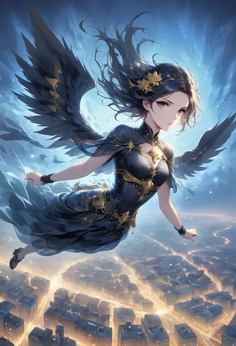 This image depicts an angelic woman hovering over a city at night. City lights create a golden and dramatic atmosphere, while its delicate presence and dark wings contrast sharply with its urban surroundings. This woman looks protective and alert.