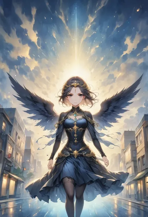 This image depicts an angelic woman hovering over a city at night. City lights create a golden and dramatic atmosphere, while its delicate presence and dark wings contrast sharply with its urban surroundings. This woman looks protective and alert.