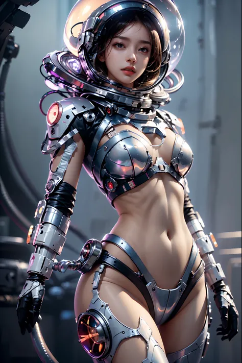 1girl weara helmet and astronaut spacesuit, Very detailed helmet, spacesuit, bare belly, bare belly, belly open, midriff, stomach， beautiful girl, Completely exposed abdomen, Complex 3D rendering, a beautiful ultra detailed female face, in outer space, bea...