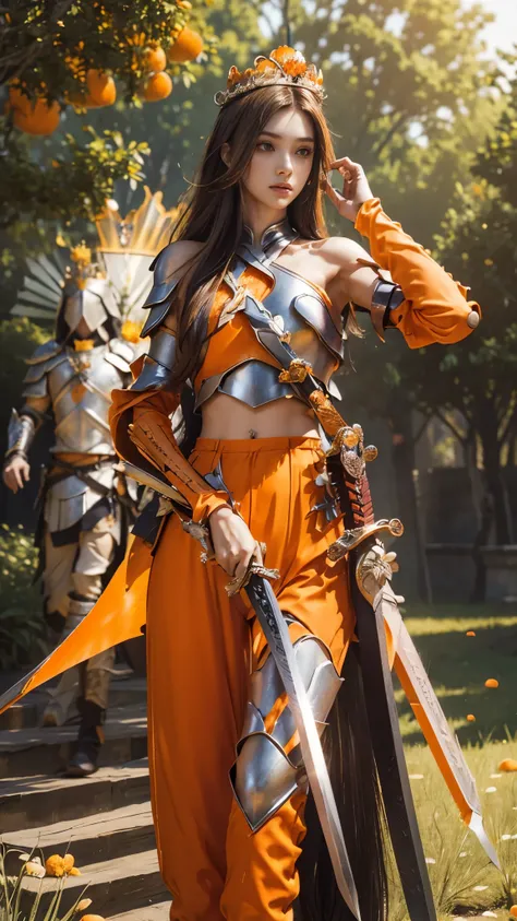 model shoot,1 girl, (innocent face:1.4), long hair, (assassin armor:1.5), (orange outfit:1.5), bare shoulder, (beautiful crown:1.5), (bloom effect:1.5), hyper realistic, super detailed, Dynamic shot, masterpiece, park scenery sharp détails, perfect eyes, p...